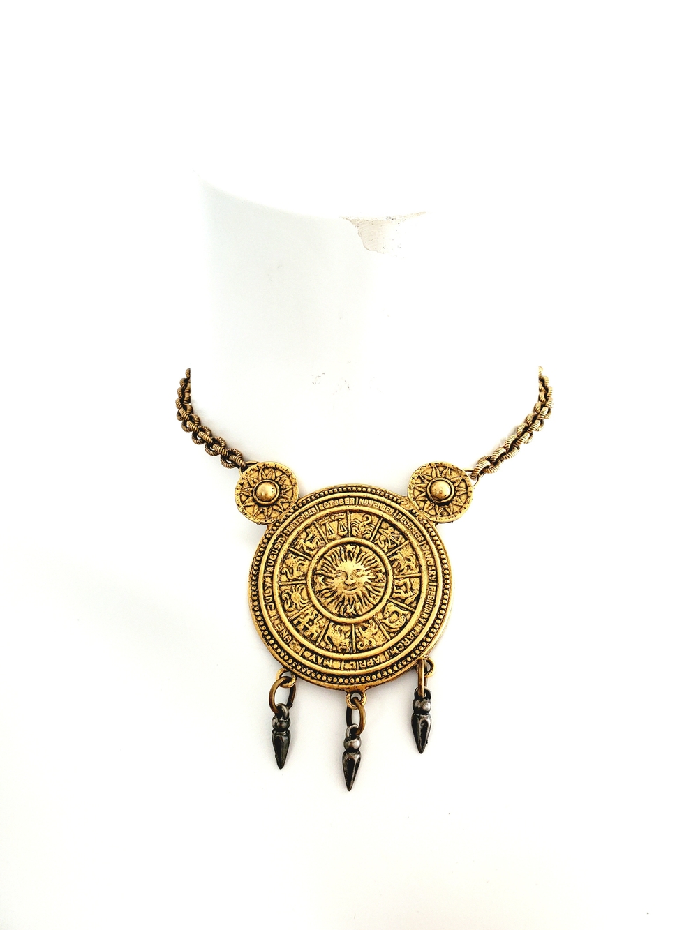 Antique Gold Sun Medallion Statement Necklace